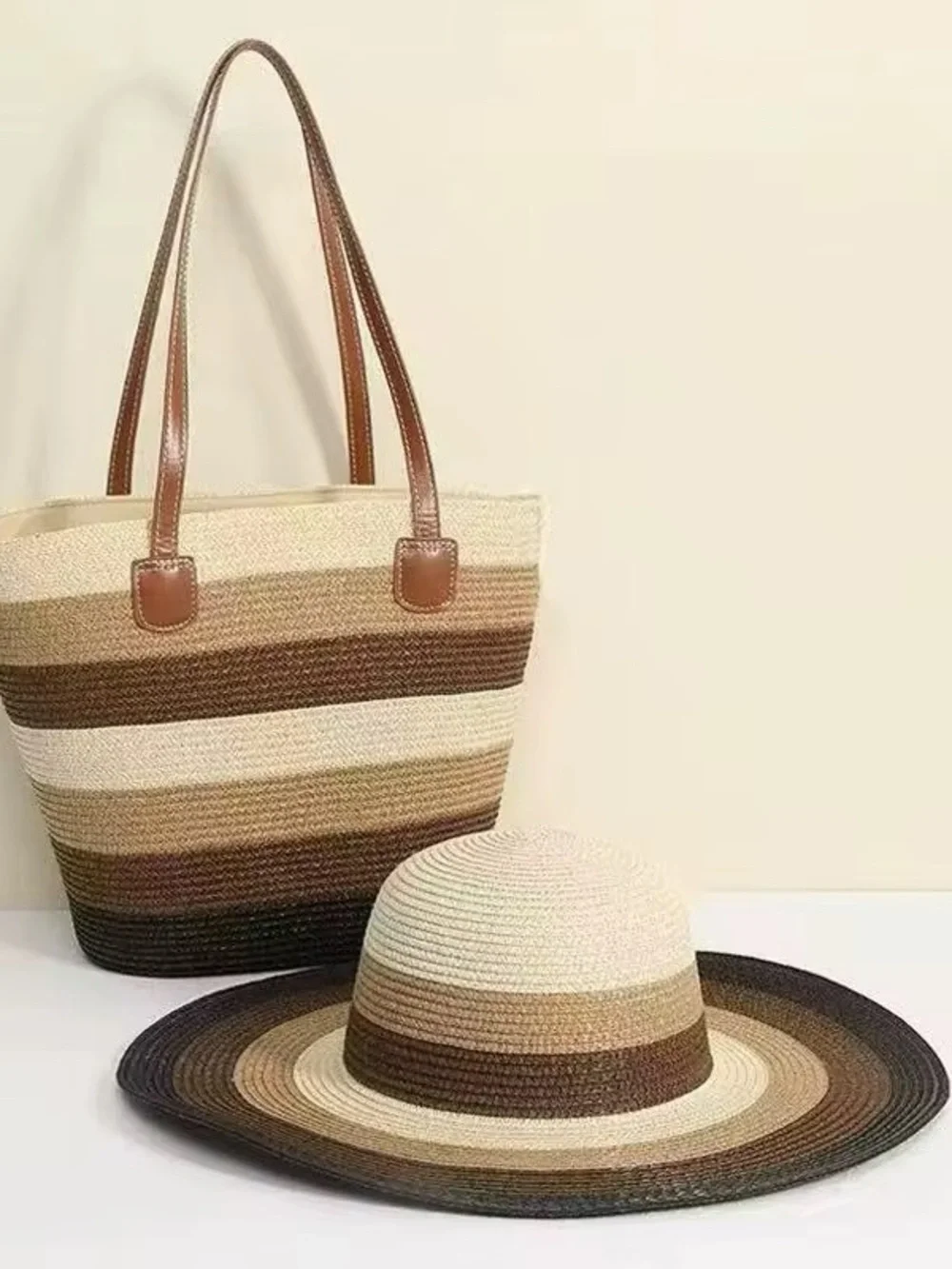 Striped Straw Tote Bag with Blue, Green & Beige Accents